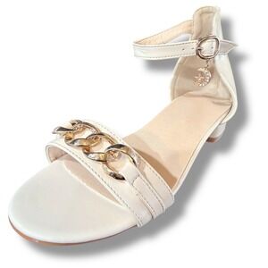 Womens Ivory Faux Leather Ankle Strap Sandals Gold Chain Detail Block Heel Sz 6